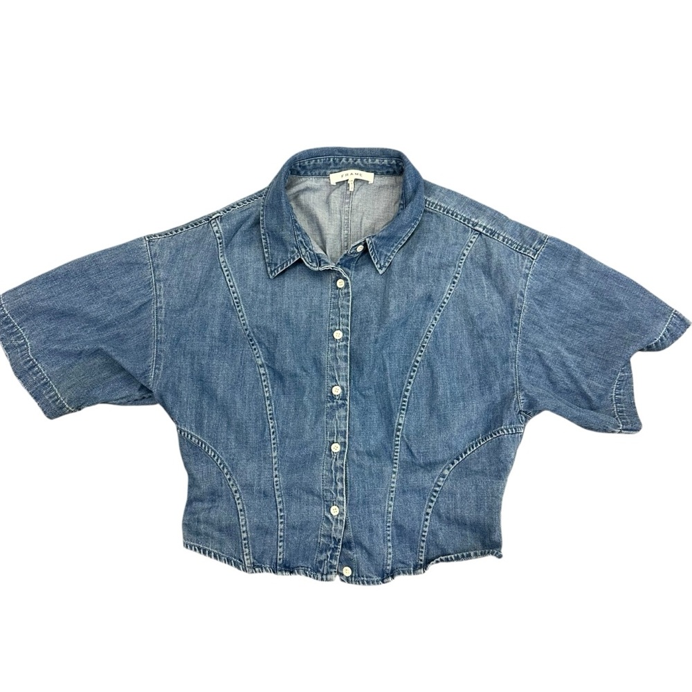 FRAME Seam Detail Crop Denim Shirt Shoreline Wash Size Large